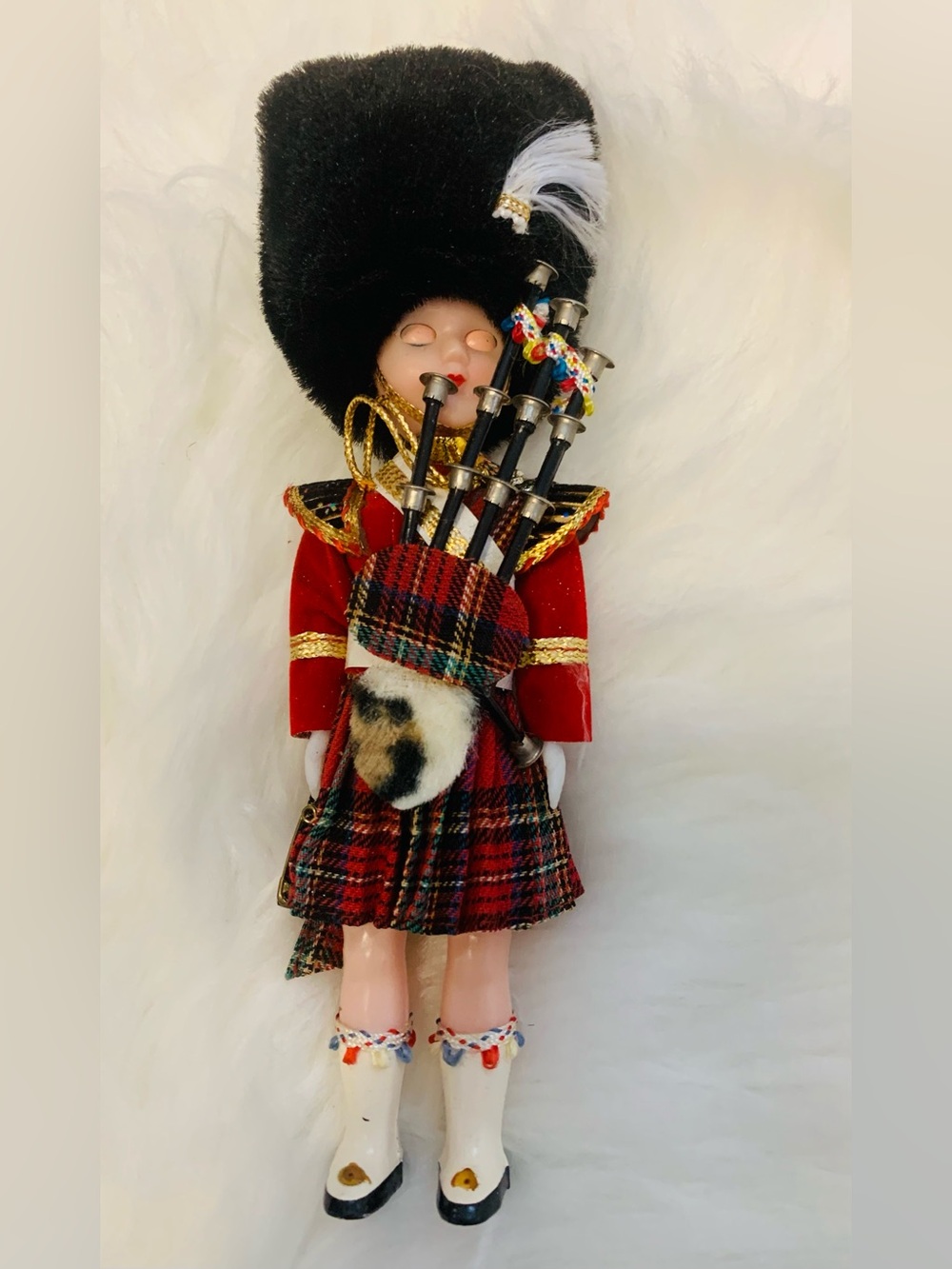 Scottish Vintage Bagpiper Doll in Red Tartan Plaid Outfit